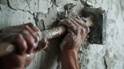 A person wiping sweat from their face and holding a sledgehammer after a long day of breaking down walls.