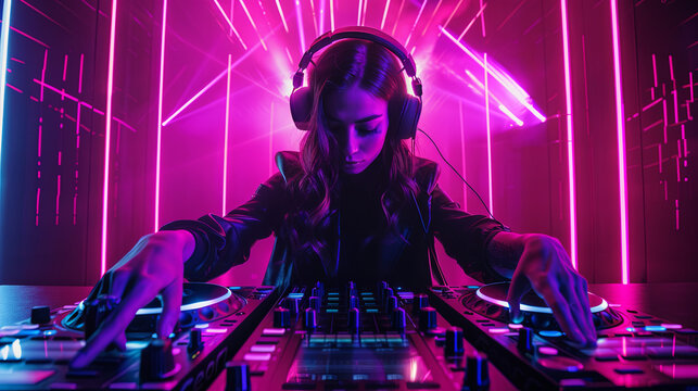 A beautiful DJ playing music in a nightclub for video cover
