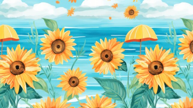 Sketch illustration of a sunflower, with a background of sea water and cloudy blue sky.

