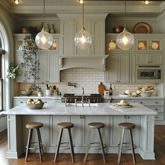 Scandinavian kitchen interior composition with dinner table, chairs, and kitchen decor. Generative AI