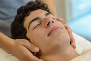 Naklejka premium Young Hispanic man enjoying relaxing facial massage in spa