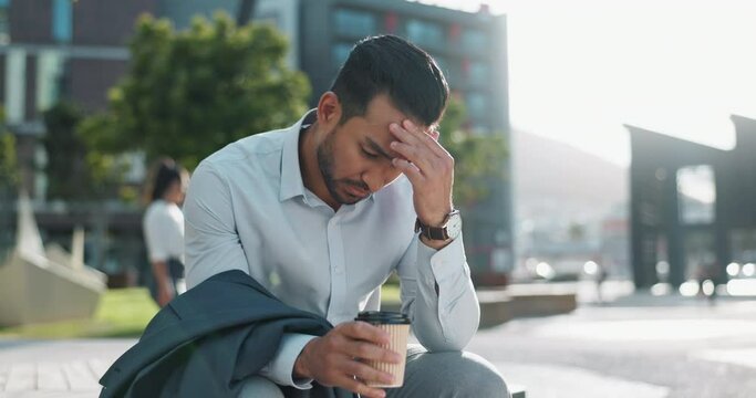 Business man, stress and unemployment in city with worry, anxiety or sad for job loss on sidewalk. Professional person, employee and mental health in stock market crash, recession or financial crisis