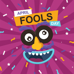 Fools day greeting card with funny face. Vector illustration