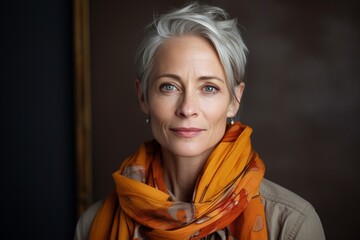 Portrait of a beautiful senior woman wearing a scarf and looking at the camera