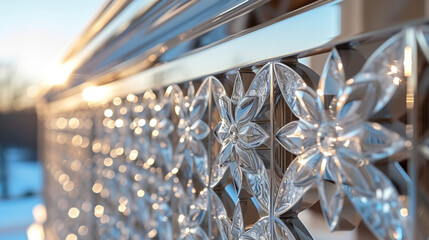 A macro shot of a polished metal staircase railing featuring a bespoke design with geometric shapes and outs adding a contemporary touch to the overall design.