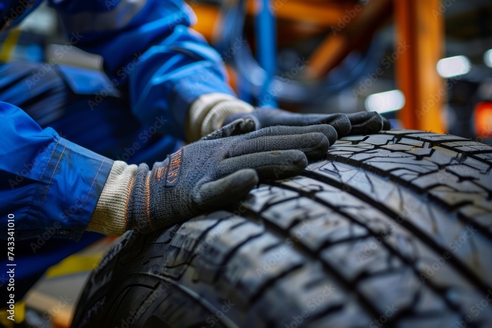 Poster close-up of a mechanic's hands installing or changing a car tire in a workshop environment.