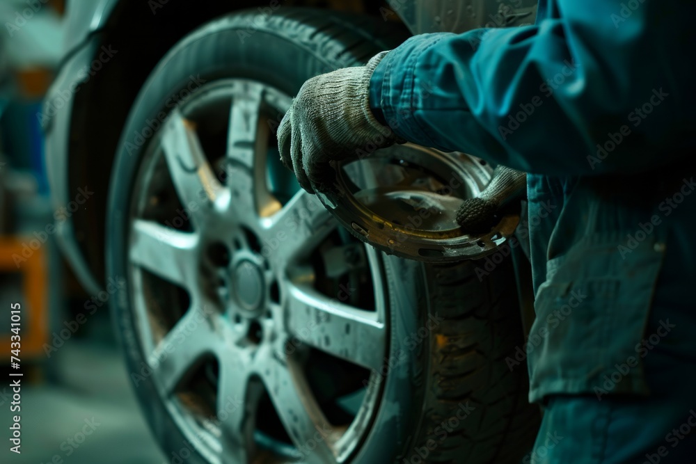 Poster close-up of a mechanic's hands installing or changing a car tire in a workshop environment.