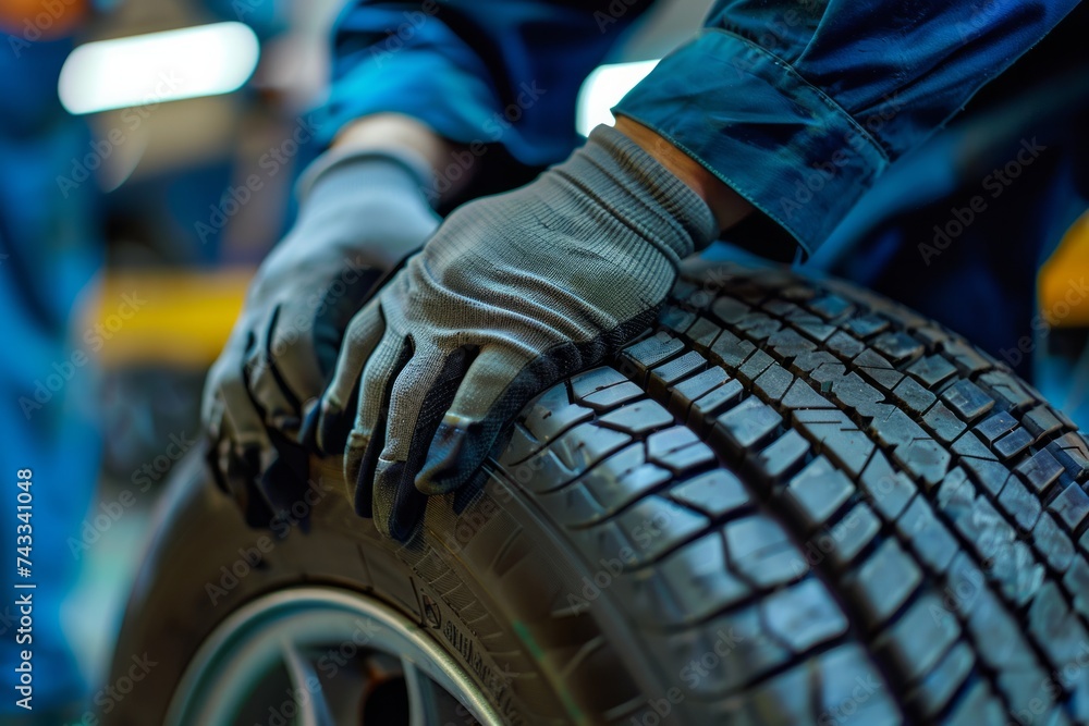 Poster close-up of a mechanic's hands installing or changing a car tire in a workshop environment.