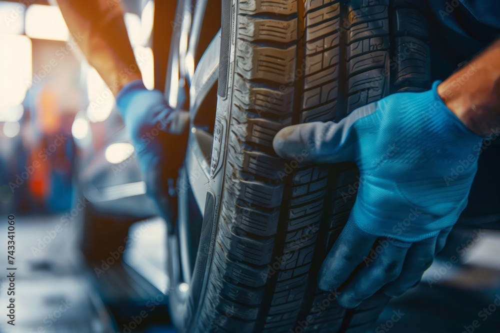 Poster close-up of a mechanic's hands installing or changing a car tire in a workshop environment.