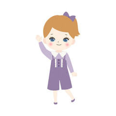 右手を挙げて案内をする女の子