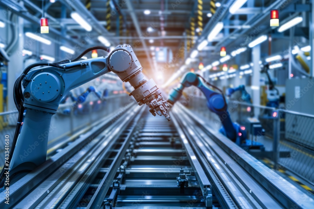 Poster industrial robots in an automated assembly line within a manufacturing plant.