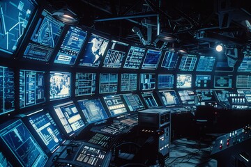 A control room filled with screens showing graphical data, maps, and texts, with ambient lighting and no visible people.