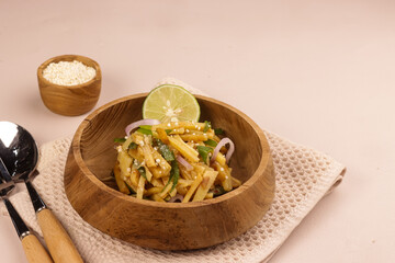 Soop Naw Mai or Soup Naw Mai is Thai Bamboo Shoots Salad with Toasted Rice Powder.