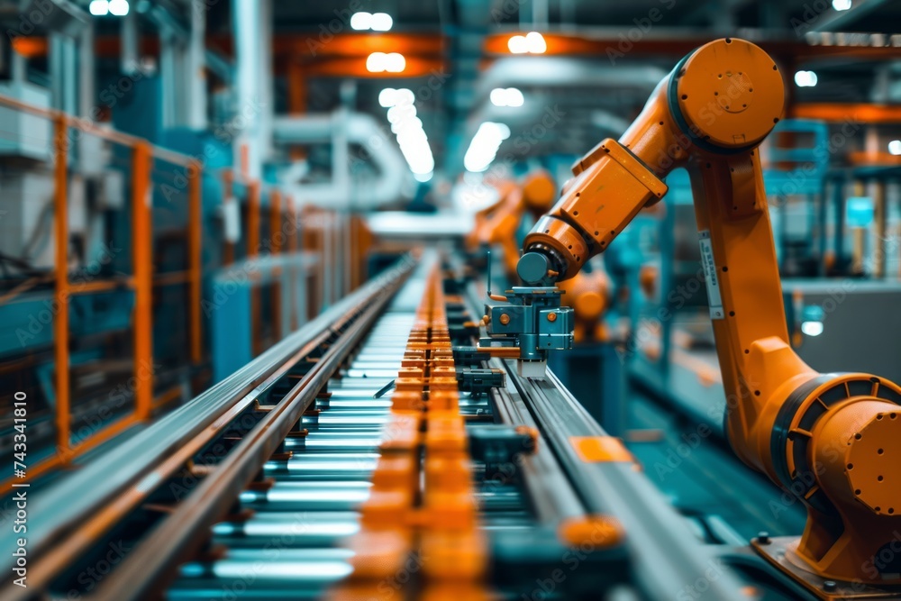 Poster industrial robots in an automated assembly line within a manufacturing plant.