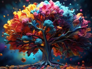 Fototapeta na wymiar colorful rainbow tree and splashing smoke bomb