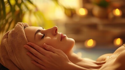 Relaxing Head Massage at a Tranquil Spa. Woman receiving a calming head massage in a softly lit spa...