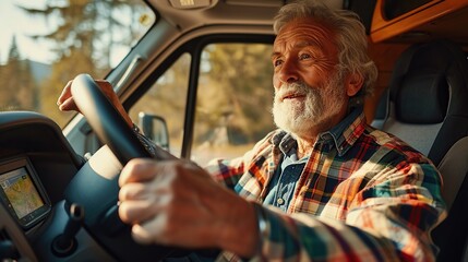 Older man sitting in camper van using gps navigation map system digital device. Smiling mature active traveler driving car vehicle looking at screen touching sensor gadget dashboard. - obrazy, fototapety, plakaty