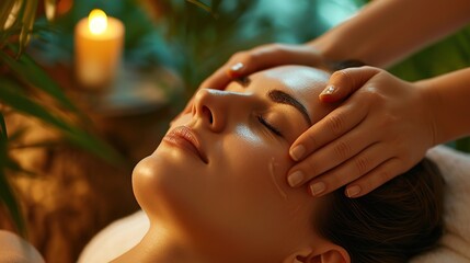 Relaxing Head Massage at a Tranquil Spa. Woman receiving a calming head massage in a softly lit spa environment.