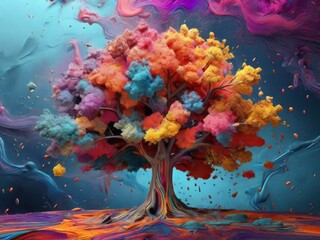 Fototapeta na wymiar colorful rainbow tree and splashing smoke bomb