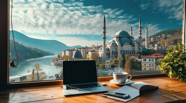 Serene Morning: Coffee and Contemplation with a Mosque View Seamless looping 4k time-lapse virtual video animation background. Generated AI