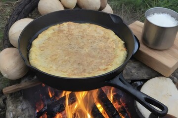 Freshly cooked flatbread in a cast-iron skillet over an open fire, outdoor camping cooking concept. Generative ai