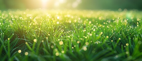 Dewy Green Grass Under Sunrays