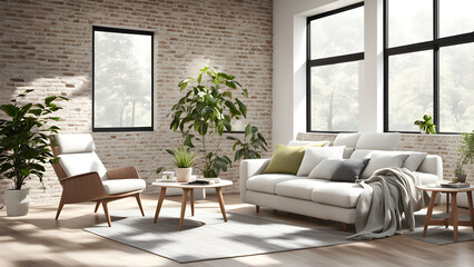 Modern interior living room design with sofa and chairs, sunny window with floor lamp and green plants next to it
