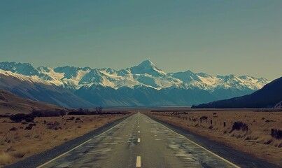 Journey into Serenity: A Road Leading to Snow-Capped Mountains under a Clear Sky, Bathed in Mystical Light