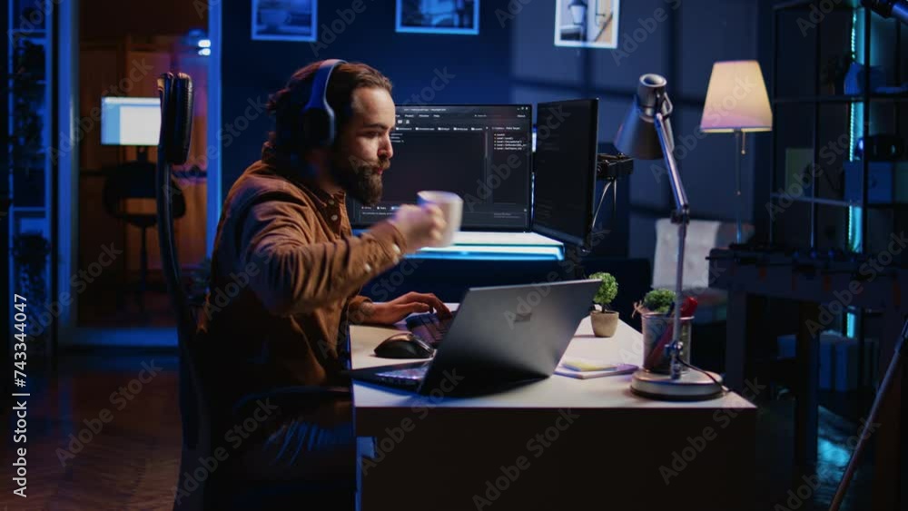 Poster programmer does multitasking to finish developing pc code, drinks coffee, listens music. it admin we