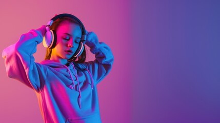 Electrifying Style: Fashionable Teenager Model Rocking a Hoodie and Headphones, Dancing to DJ Music in the Enchanting Glow of Purple Neon Lights