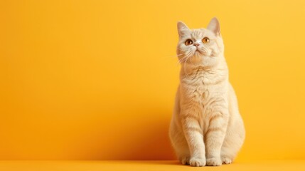 Cute Golden British Shorthair Cat Poses on Yellow Background, Creating Copy Space
