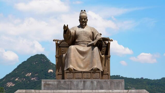 Korea Gwanghwamun Seoul Clear Sky King Sejong Statue Time Lapse