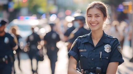 Smiling police woman with short hair and long pants ensuring safety on a bustling city street