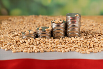Growing money in the form of a stack of coins on the background of the Poland flag and grain. Wheat...