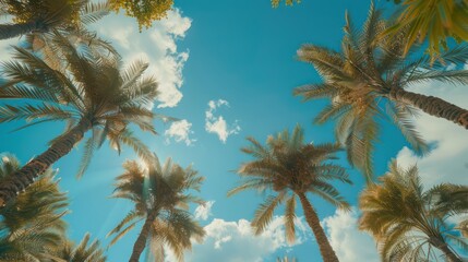 Vintage Tropical Vibes: Blue Sky, Palm Trees, and the Allure of a Summer Beach Scene from Below