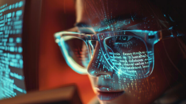 A person reading a book while wearing the glasses with the AR display projecting the text onto the lenses making it easier for the user to read.