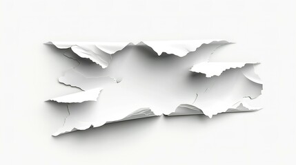 Paper hole with torn edges design template. Royalty high-quality free stock image of elongated torn paper fragments isolated on white background, hole in the sheet of torn paper fragments overlay