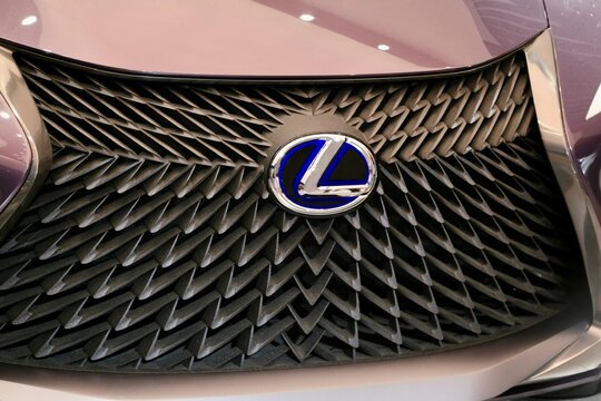 Lexus luxury brand emblem at the International Auto Show display. Detroit, Michigan, USA - February 23