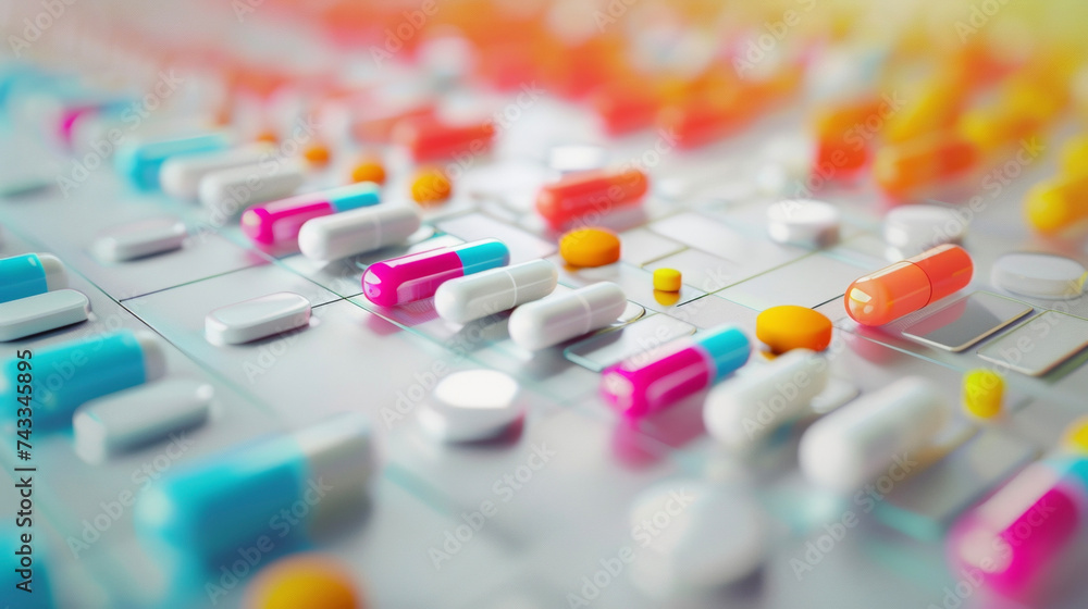 Poster A virtual representation of a patients medication schedule with each pill appearing as a colorful and interactive visual.