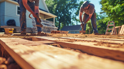 The sound of hammering fills the air as two carpenters work together to construct a sy wooden deck in the backyard creating the perfect outdoor space for relaxation and entertainment.