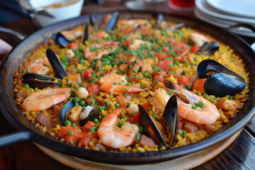 Spanish Paella with Seafood and Vegetables in pan - obrazy, fototapety, plakaty