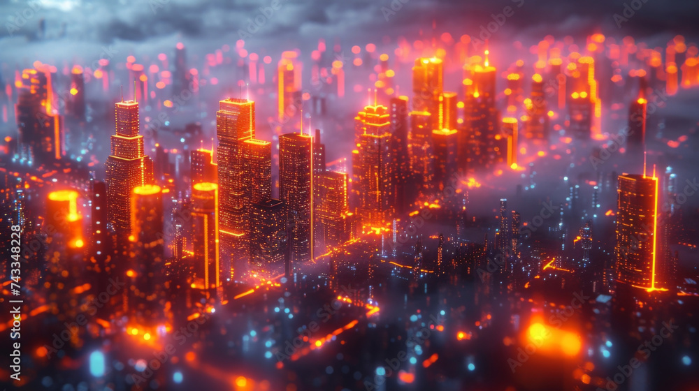 Aufkleber a 3d animation of a futuristic real estate market with buildings and properties floating in a digita