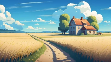 Poster A charming house nestled in a yellow field, surrounded by trees and crops. The countryside scenery is complete with cloudy sky and a peaceful horizon © CraftyStar Visual