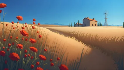 Poster Beautiful rural landscape featuring a  farm, wheat fields, poppies, trees, and a meadow against a blue and yellow horizon © CraftyStar Visual