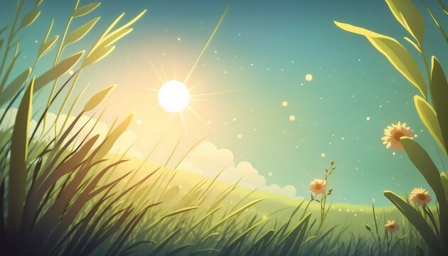 A colorful cartoon landscape with lush green grass and vibrant daisy flowers blooming in the sunshine