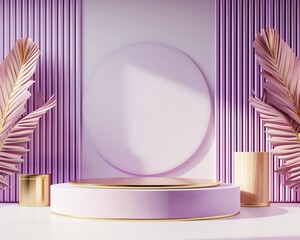 product display podiums scene with cylindrical podium with gold trim style, showcase on pedestal display purple studio. for cosmetic and product display
