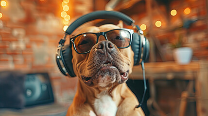 Dog wearing headphones hilariously bopping to beats a funny snapshot of pets enjoying music - obrazy, fototapety, plakaty