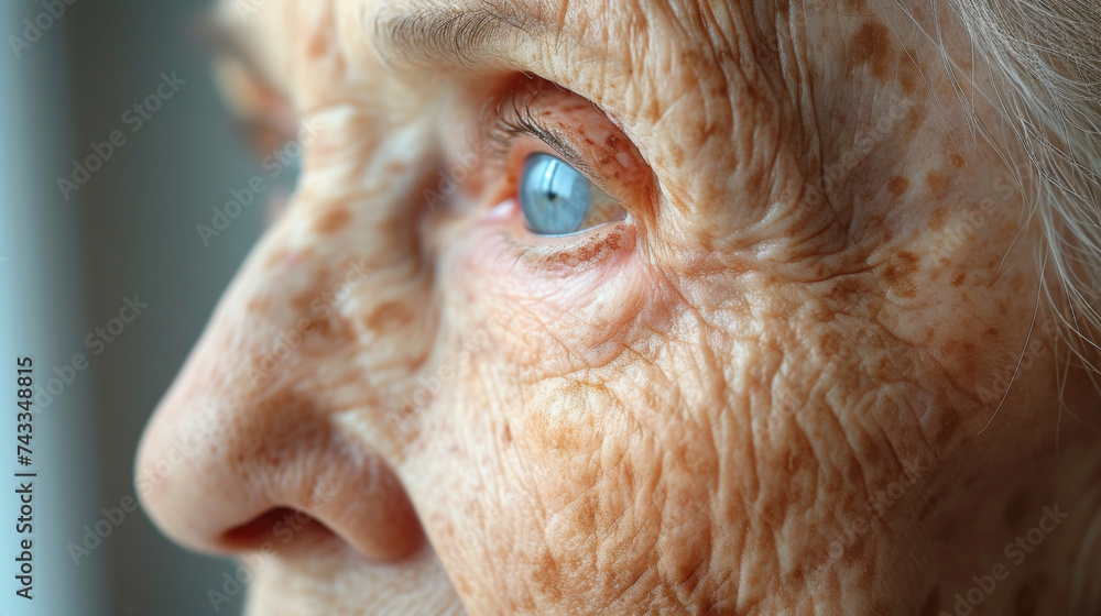 Poster texture of elderly skin with a thin and fragile texture deep wrinkles and folds and significant loss