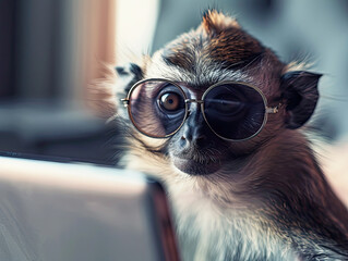 Whimsical scene of an animal in sunglasses using a labtop closeup on its curious humorous expression