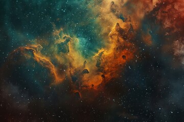 A vivid and fantastical depiction of a nebula with bright colors and dynamic cloud formations against a starry sky. - obrazy, fototapety, plakaty